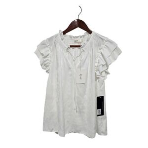 Rielle White Floral Print Ruffle Sleeve Tie Neck Blouse Top - M‎